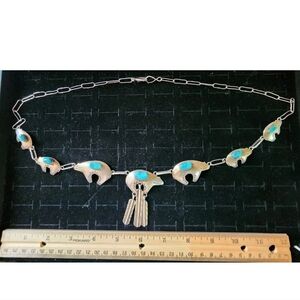 Native American Sterling Silver/Turquoise Bear Necklace Marked BJ /Tested+